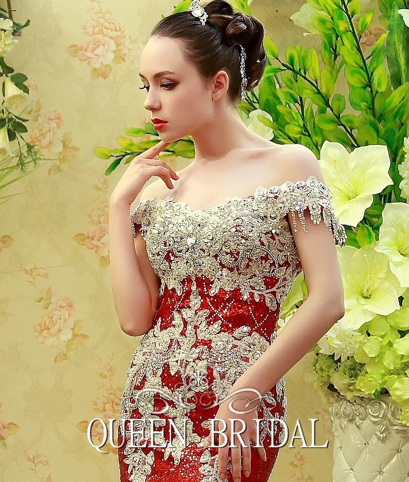 Custom Size Mermaid Cap Sleeve Open Back Lace Crystal Beading Sexy Red Evening Dresses Long Formal Evening Gowns Prom Gown SW14N