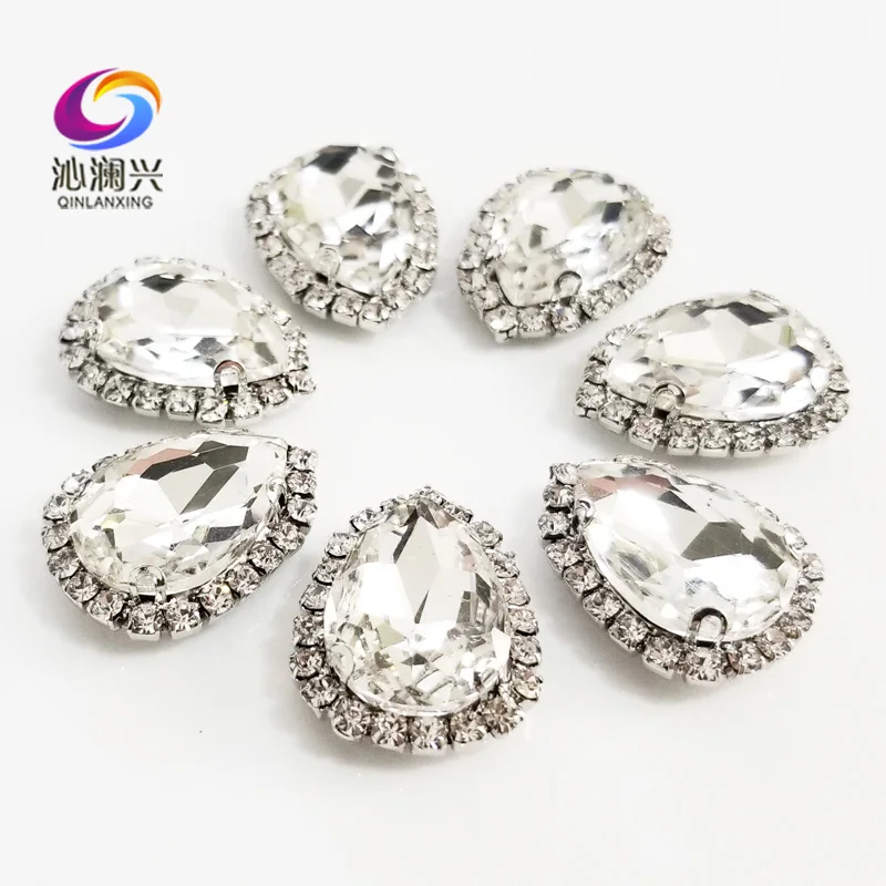 Factory Sales Top Grade Silver Bottom Glass Crystal Buckle,white Drop Shape Sew on Rhinestones,Diy/wedding Decoration