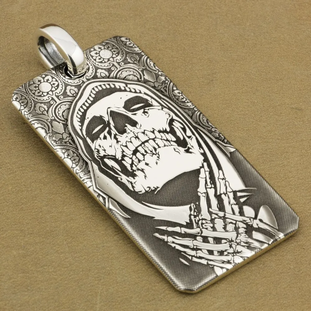 999 Pure Silver High Details Deep Laser Engraved  Praying Skull Dogtag Mens Biker Punk Pendant 9X028S Just Pendant