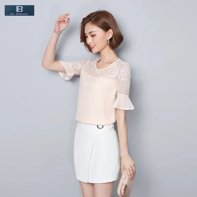 [EL BARCO] New Summer Lace Women Chiffon Blouse Shirt Short Butterfly Sleeve Floral Mesh White Female Fashion Top Clothes Blusas