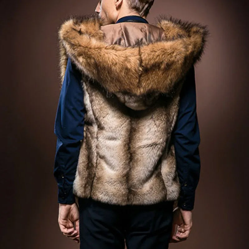 New Fashion Winter Men Fur Vest  Thick Fur Hooded Vests Men Waistcoats Males Sleeveless Outerwear Brand Clothing Coat Vests