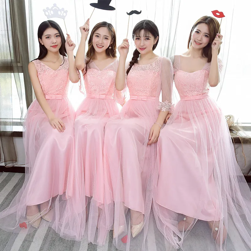 Girl Pink Bridesmaid Dresses Long Evening Gown Lace Tuell Netting Prom Robe Elegant Bride Guest Wedding Party Dress