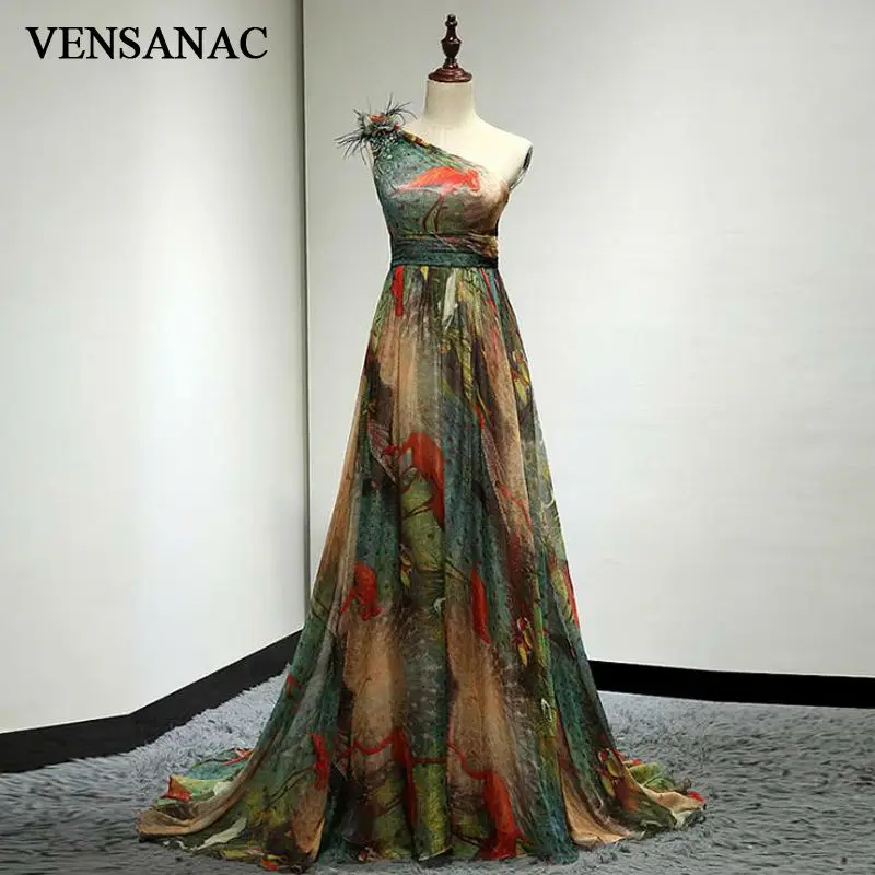 

VENSANAC New A Line Floral One Shoulder Long Evening Dresses Sleeveless Elegant Feathers Sash Sweep Train Party Prom Gowns