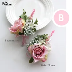 Meldel Corsage Wedding Flower Groom Boutonniere Bridal Wrist Corsage Bracelet Pink Rose Flower Wedding Planner Marriage Supplies