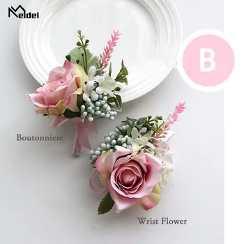 Meldel stanik ślubny kwiat Groom Boutonniere bransoletka dla nowożeńców nadgarstek bransoletka różowa róża kwiat ślub Planner małżeństwo dostaw