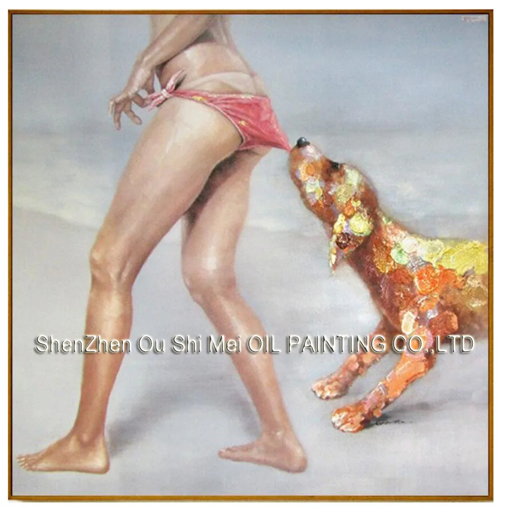 Summer Beach Seascape Hot Sale Funny Naughty Dog and Sexy Lady Wall Art Handmade Canvas Oil Painting For Bedroom Or Living Room