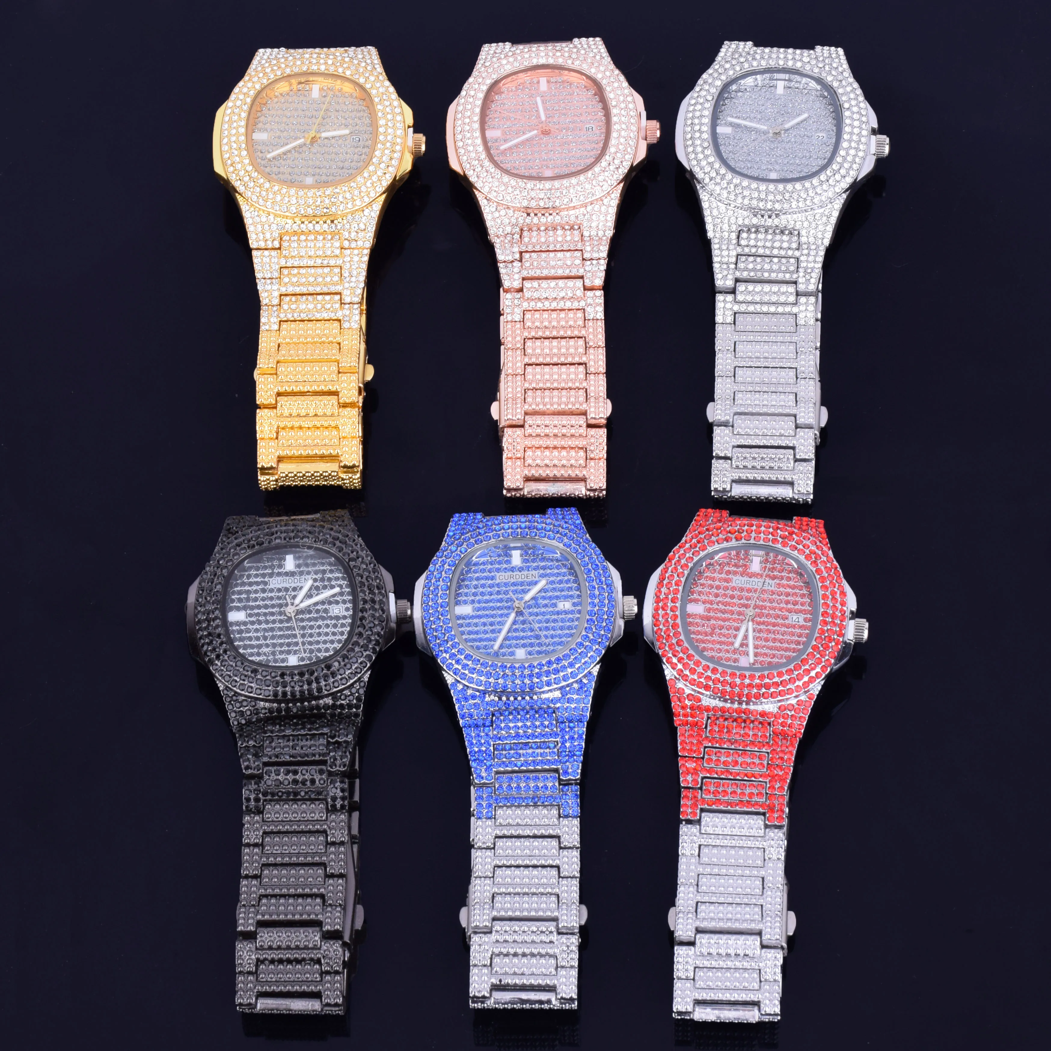 Bubble Letter Red Watch for Men Big Dial Military Quartz Clock Luxury Rhinestone Waterproof Hip Hop Jewelry