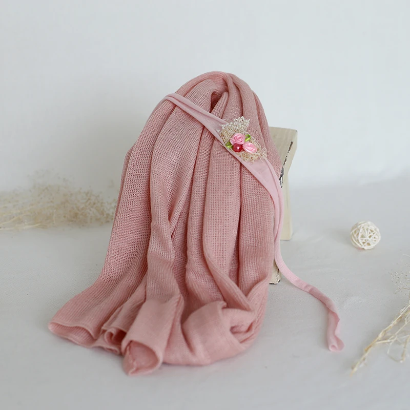 Newborn stretch Knit wrap Pink Sweater Wrap and headband set Newborn photography props Baby Swaddle Blanket Layer