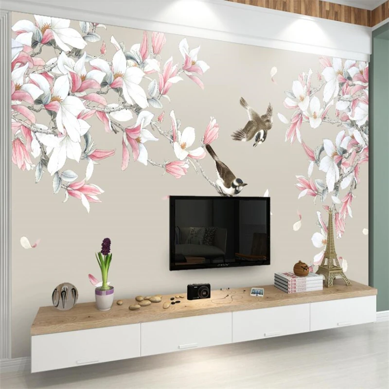 

wellyu Chinese Magnolia hand-painted pen flowers and birds background custom large mural wallpaper papel de parede