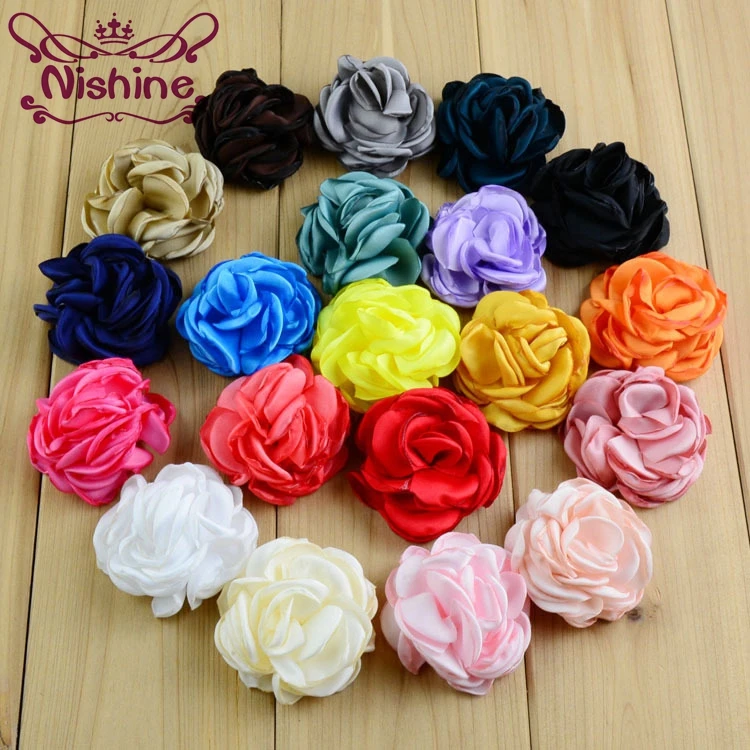 Nishine 30pcs/lot 24 Color 2 Inch Satin Ruffled Rosette Flowers Burned DIY Garment Wedding Decoration Hair Clips Accessories