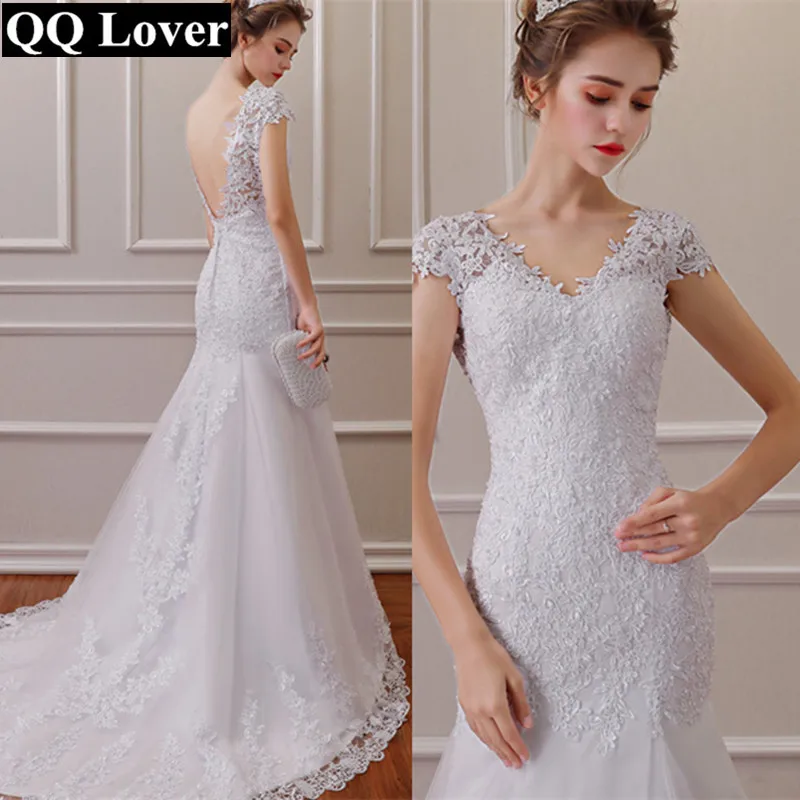 New Illusion Vestido De Noiva White Backless Lace Mermaid Wedding Dress Cap Sleeve Wedding Gown Bride Dress Customized