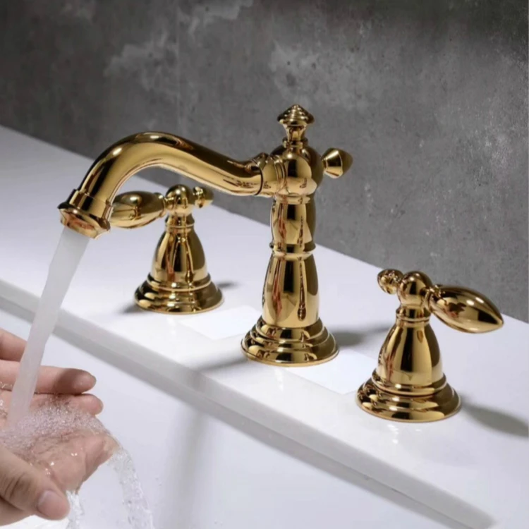 Free ship Gold Pvd clour 3 pieces Widespread  Lavatory sink Faucet basin mixer tap deck mounted double lever handles