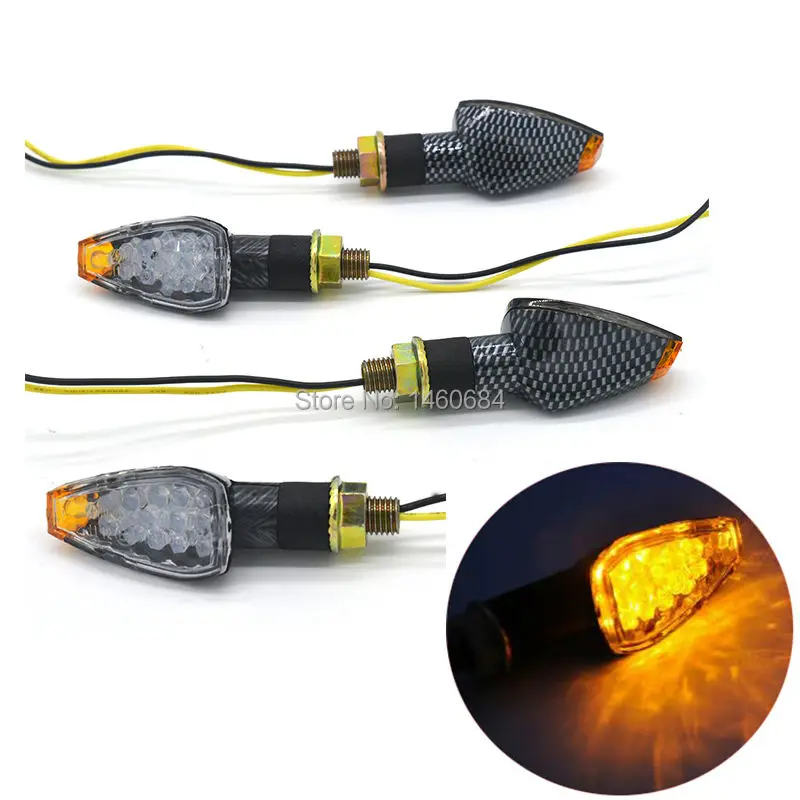 4 PCS Universal Motorcycle Carbon Fiber Housing Yellow Lens 14 LED Turn Signals LED Lights Indicators Flashers