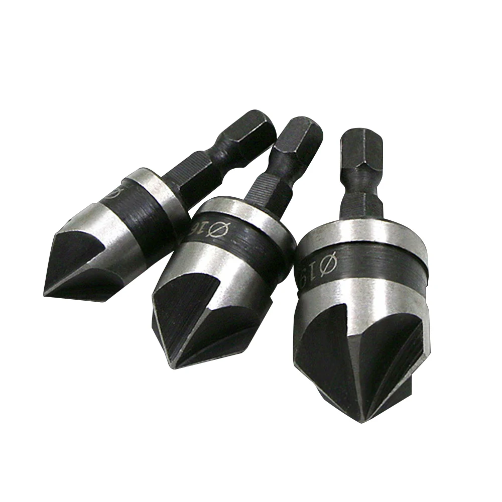 Broca escareadora 3 pçs 12mm/16mm/19mm, conjunto de brocas de escareador de 5 flautas, alta tecnologia, 90 graus, cortador de haste hexagonal, mayitr para madeira e metal