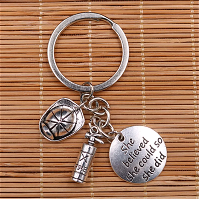 1pc She Believed She Could So She Did Charm Fireman Helmet Fire Extinguisher Key Ring DIY Profession Jewelry Key Chains A1537