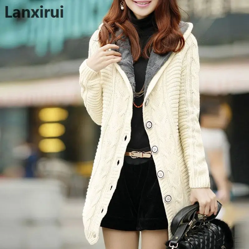 

Lady Winter Hooded Fleece Liner Cashmere Cardigan Knitted Sweater Coat Women Thick Warm Long Sleeve Knit Weave Long Jacket Tops