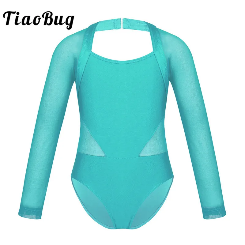 TiaoBug Kids Teens Mesh Splice Long Sleeve Ballet Leotard Dance Costume Children Girls Gymnastics Leotard Gym Unitard Dance Wear