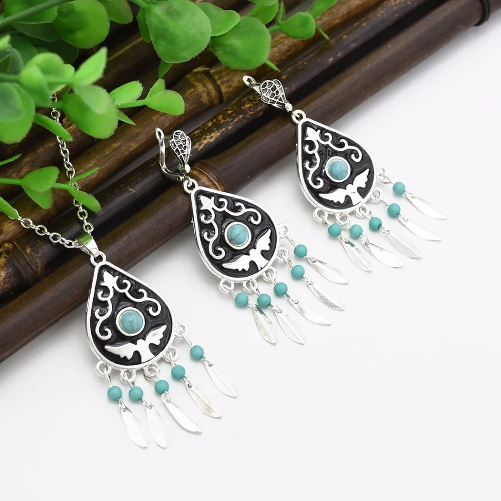 Boho Gypsy Vintage Metal Carved Flower Red Green Beads Leaf Tassel Turkish Necklaces Earrings Sets Indian Jewelry Sets for Women