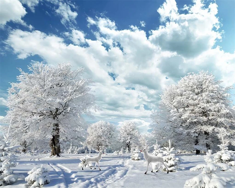 

Custom size wallpaper Snow White frost tree mural blue sky white cloud snow landscape decorative painting tapestry 3d wallpaper