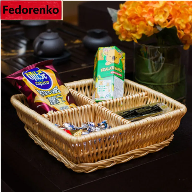 Creative wicker rattan fruit basket craft Plate Dish Snacks keys sundries Storage Tray 4 Lattices box Candy Nuts Trays Food Bowl