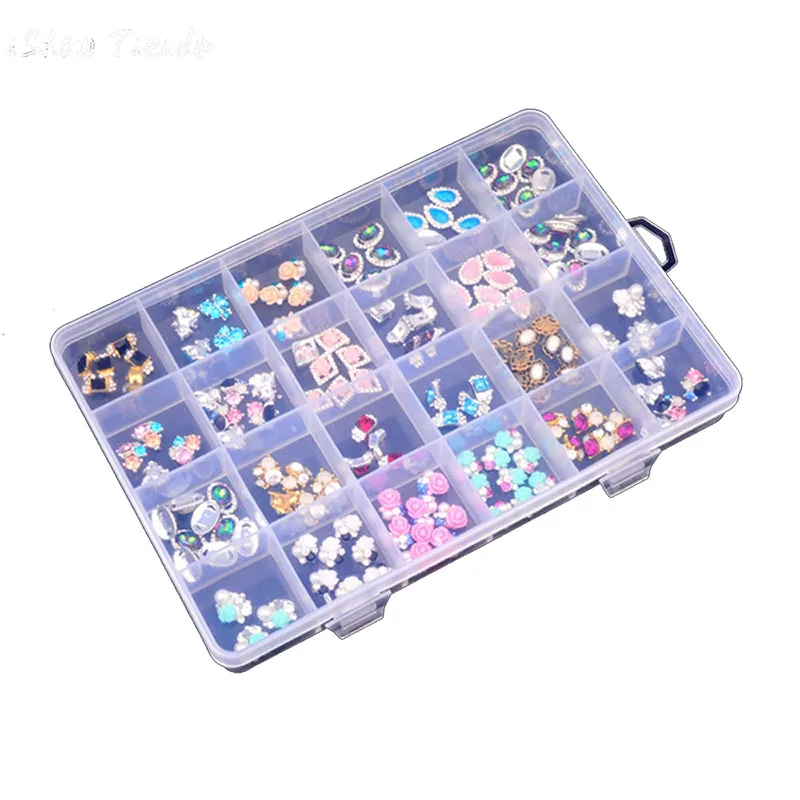 Otmagelu Clear Plastic 24 Slots Beautiful Jewelry Nail Art Rhinestone Empty Storage Box Case Craft Travel Organizer Bead Holder