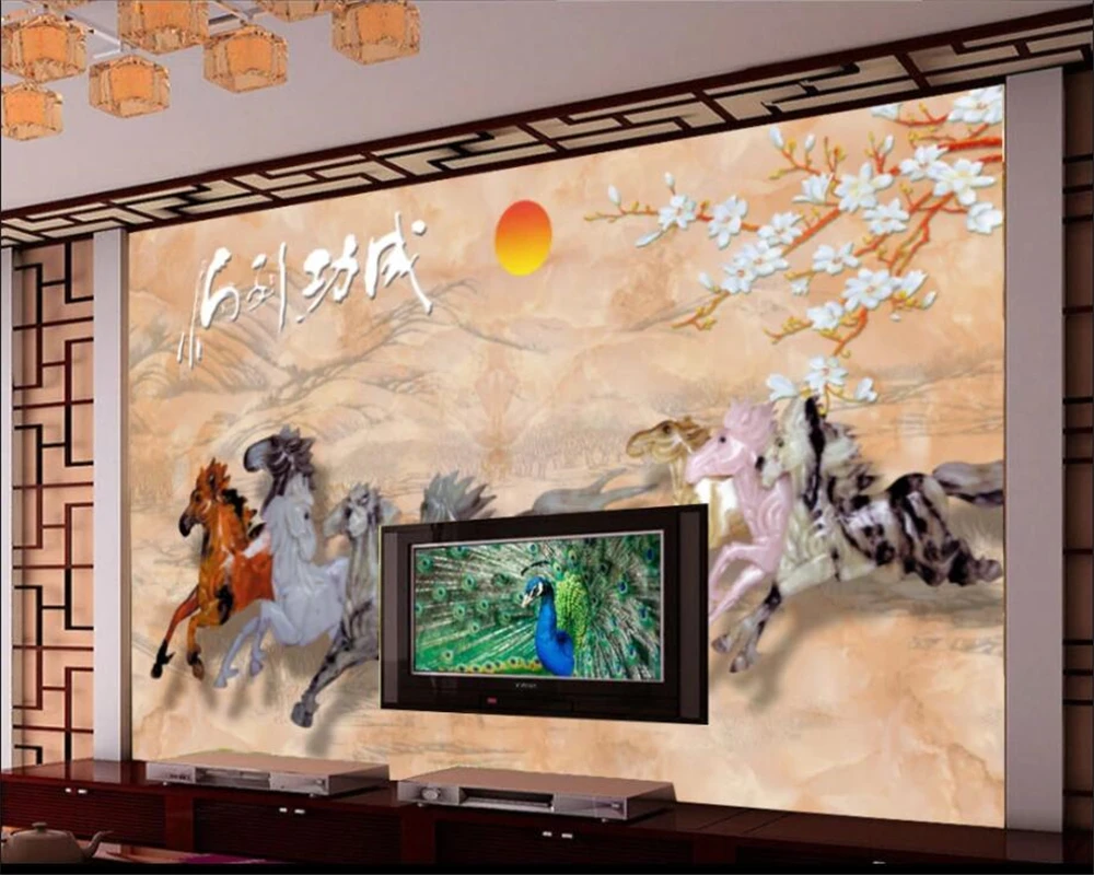 Custom wallpaper 3d mural jade carving horse to success jade carving eight horse figure TV background wall papers home decor 3d