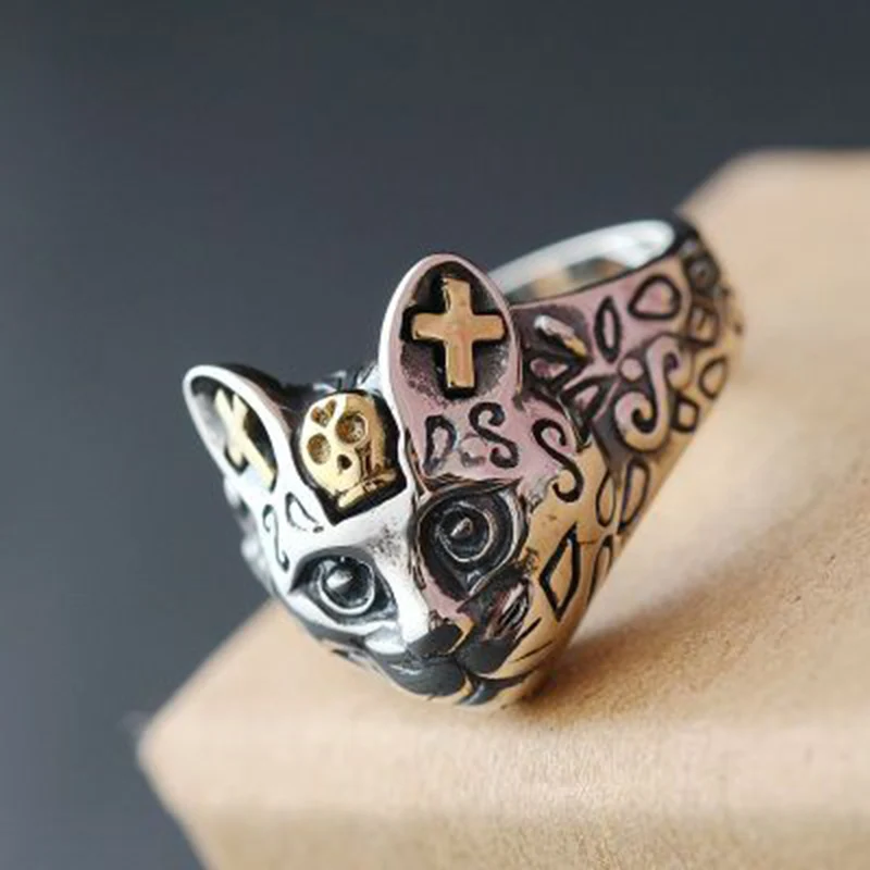 925 Sterling Silver Ring Cat anillos Vintage Classic Open Size Adjustable S925 Thai Silver Rings for Women Men Jewelry