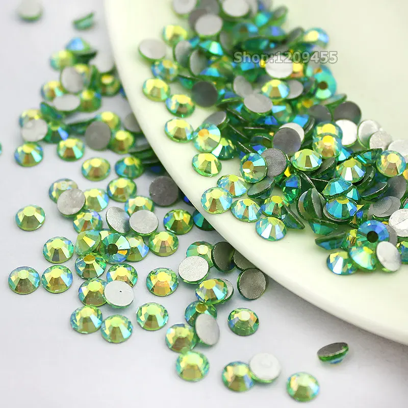 Round Flat Back Light Green AB Non Hotfix Rhinestone Nail Stones DIY 3D Phones Decorations Supplies SS4- SS30 9sizes