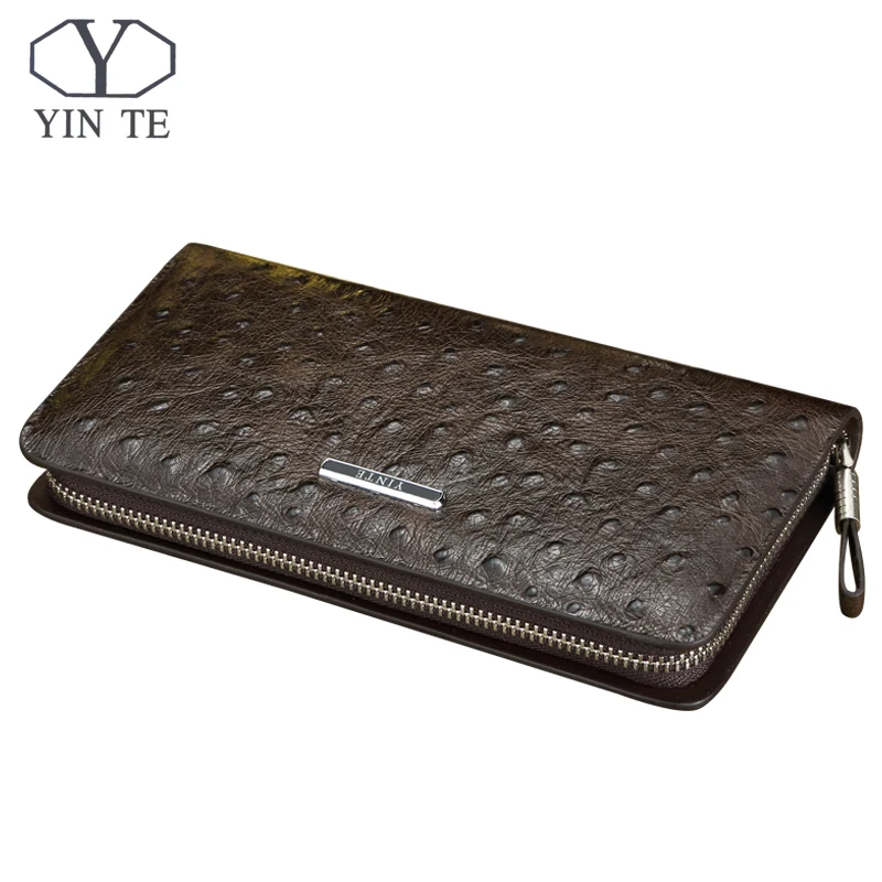 

YINTE Fashion Men's Clutch Wallets Genuine Leather England Style Passport Purse Men Wrist Bag Ostrich Pattern Cow Leather T026-1