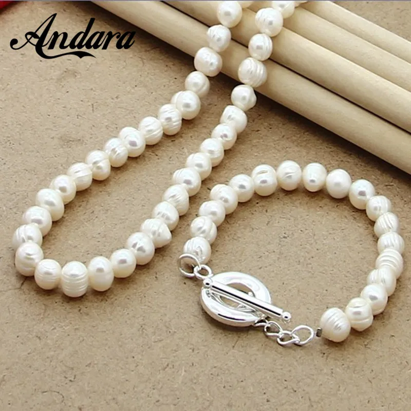 Pearl Jewelry Sets 925 Sterling Silver Natural Freshwater Pearl Necklace Bracelet Set Fashion Women Jewelry Wedding Gift