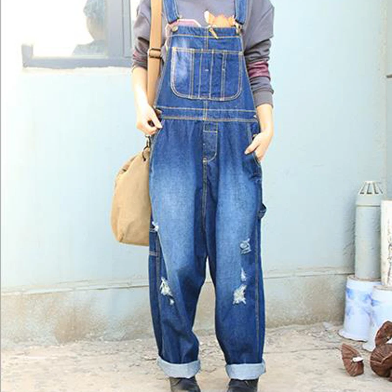 Retro Ripped Baggy Jeans Rompers Womens Jumpsuit Big Size Denim Pants Hip Hop Loose Overalls