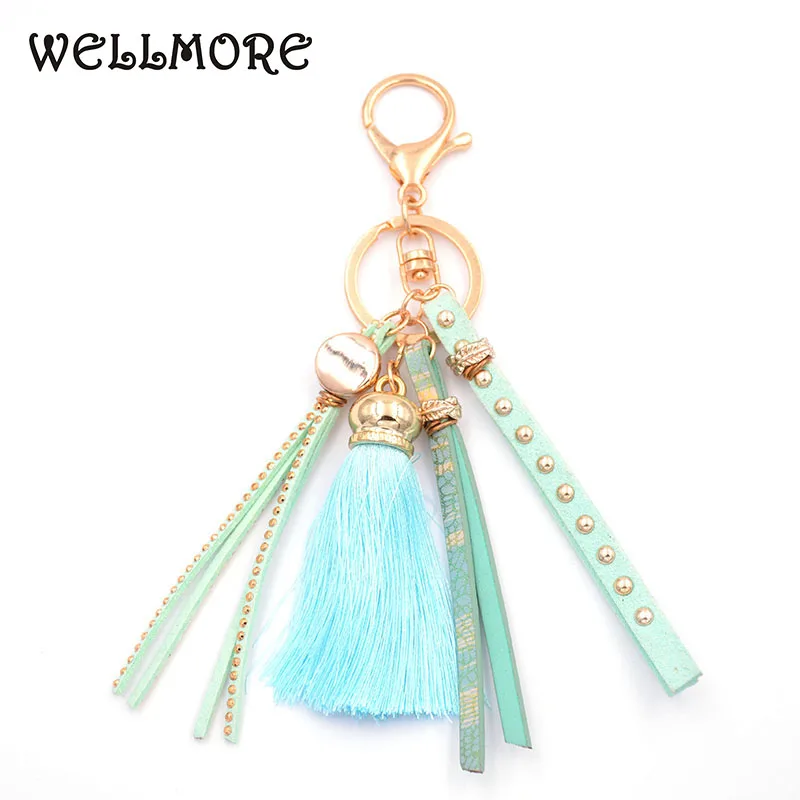 WELLMORE 2017 leather,tassel,colorful alloy Key Chain For Women Girl Bag Keychain