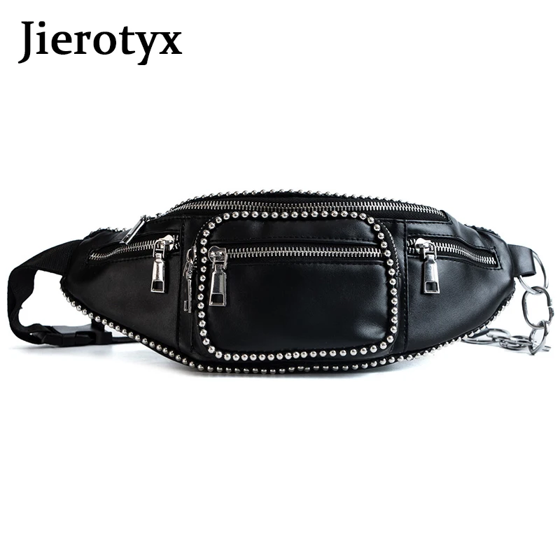 JIEROTYX Leather Waist Bag Women Luxury Brand Waist Fanny Packs Belt Bag Chest Handbag Black Color Sexy Rivets Punk Gothic