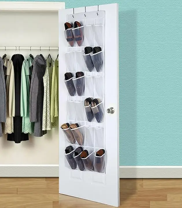 

Shoe Hanger Over The Door Hanging Shoes Organizer with 24 Clear Pockets and 3 Metal Hooks snacks makeups Storage bag