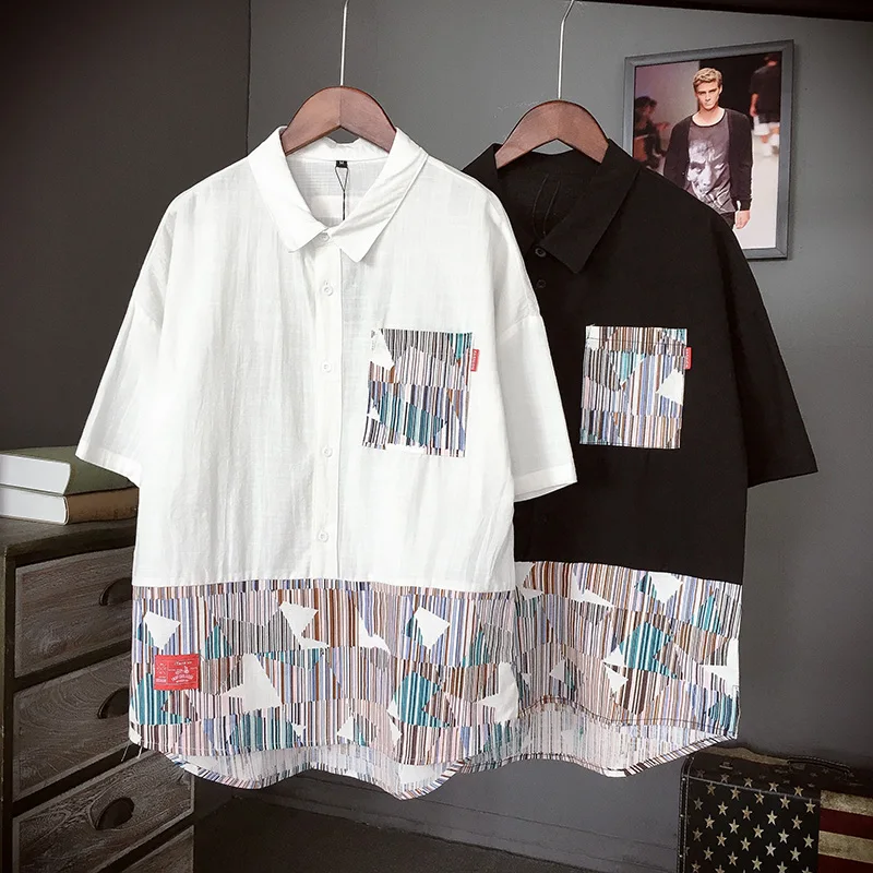 M-5XL  Big yards men's clothing    Patchwork short-sleeve shirt male plus size loose plus size casual summer shirt top thin