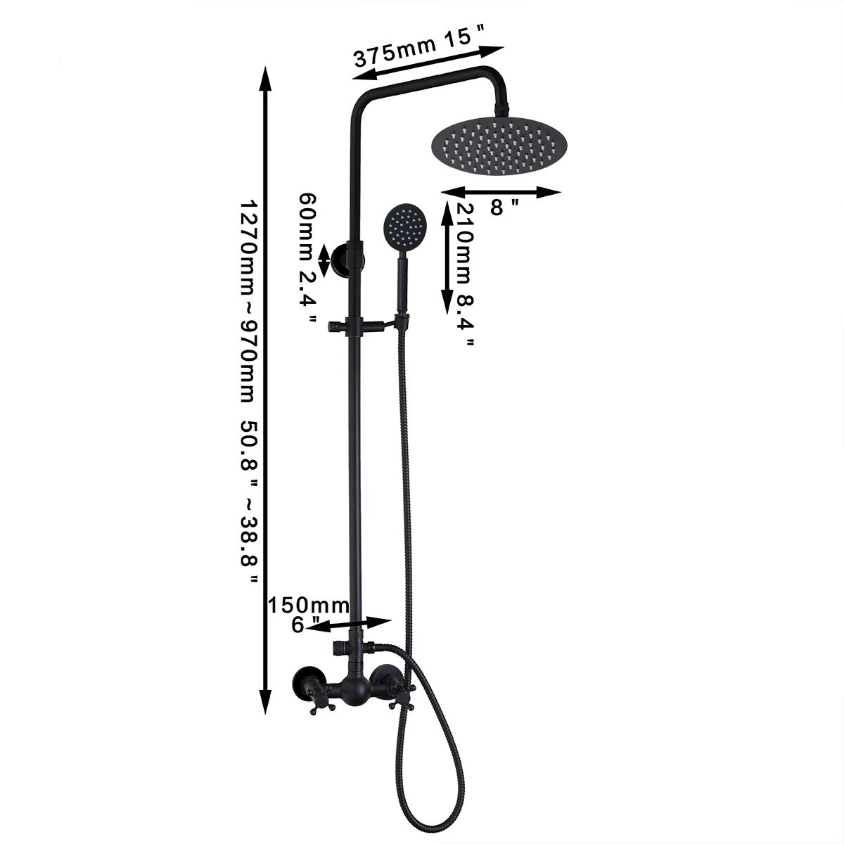 Monite 8 Inch Black Paint Wall Mount Rainfall Round Head Spray 2 Functions Adjustable Hand Bathroom Shower Faucet Mixer Tap Set