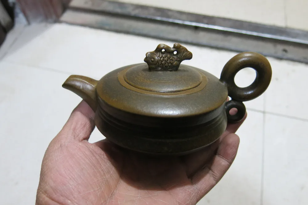 Old Chinese Handcraft Enameled  YiXing Purple Clay  (yellow stoneware) Teapot ,Goldfish,with mark,Free shipping