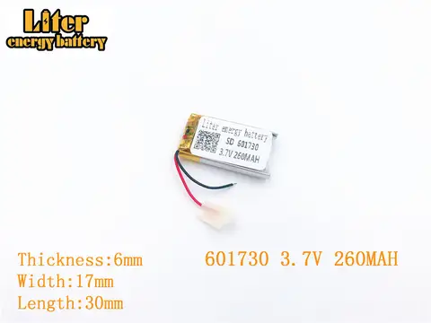 리터 에너지 배터리 3.7V 260mAh 601730 플러그 리튬 폴리머 충전식 배터리, MP3 MP4 MP5 리튬 폴리머 배터리