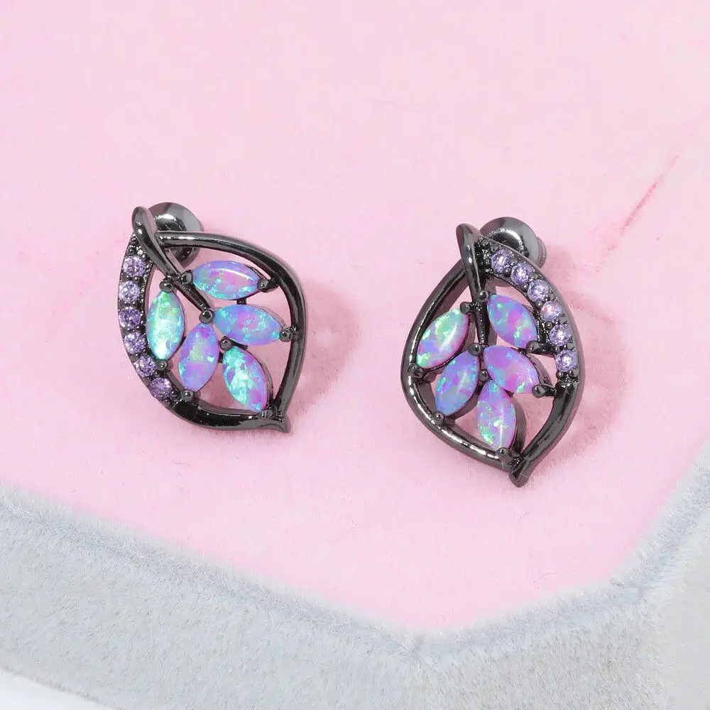 CiNily Purple Fire Opal Stud Earrings Black Gold Color Purple Zircon Crystal Leaves Leaf Natural Spring Jewelry for Women Girls