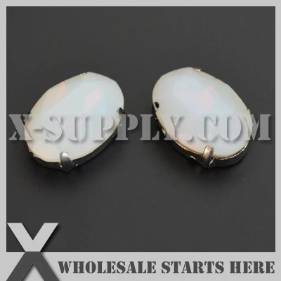 Preset Mounted Crystal Rhinestone Oval 13x18mm White Alabaster in NICKEL Sew on Setting for Bag,Shoe,Jeans