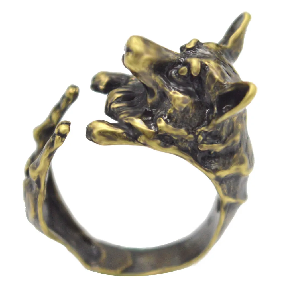 Kinitial Antique Wolf Ring Boho Chic Welsh Corgi Dog Ring Animal English Dog Ring Hippie Knuckles Rings for Women anel