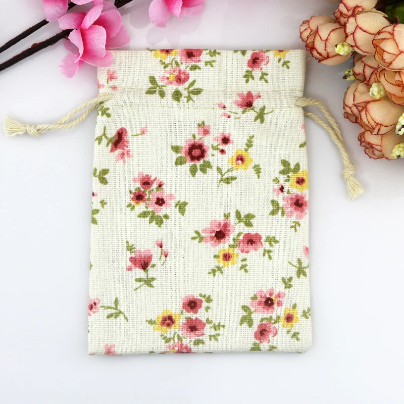 Wholesale 100pcs/lot 10*14cm Cotton Bag Flowers Design Drawstring Gift Pouch Bag Cute Charms Bracelet Jewelry Packaging Bags