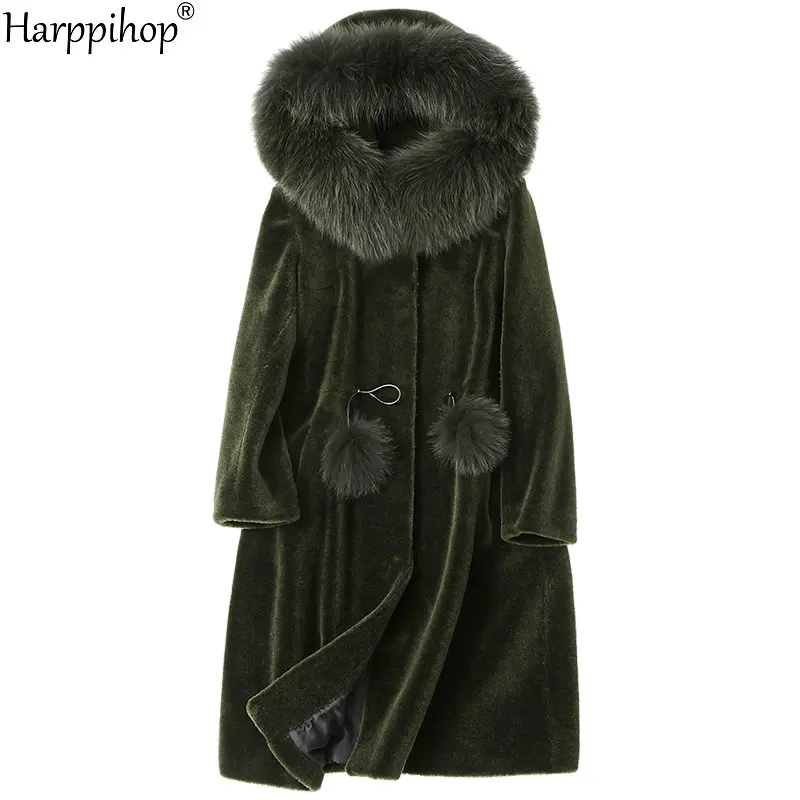 

women's winter warm genuine fox fur hood winter warm coat Real wool Long coat jacket overcoat