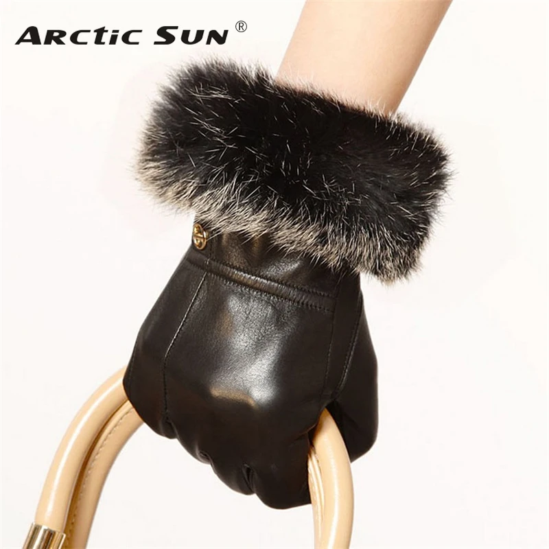 Brand Genuine Leather Gloves High Quality  Women  Sheepskin Gloves Fashion Trend Rabbit Hair Finger Driving Glove EL002PC