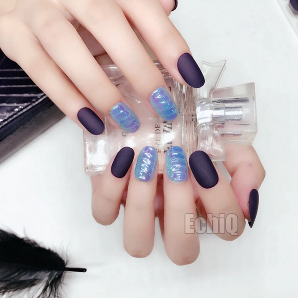 Chrome Magic Sell Color Fake Nail 28pcs/set Acrylic Full Cover Dark Purple Matte False Nails Round Nail Art for Fashion Girls