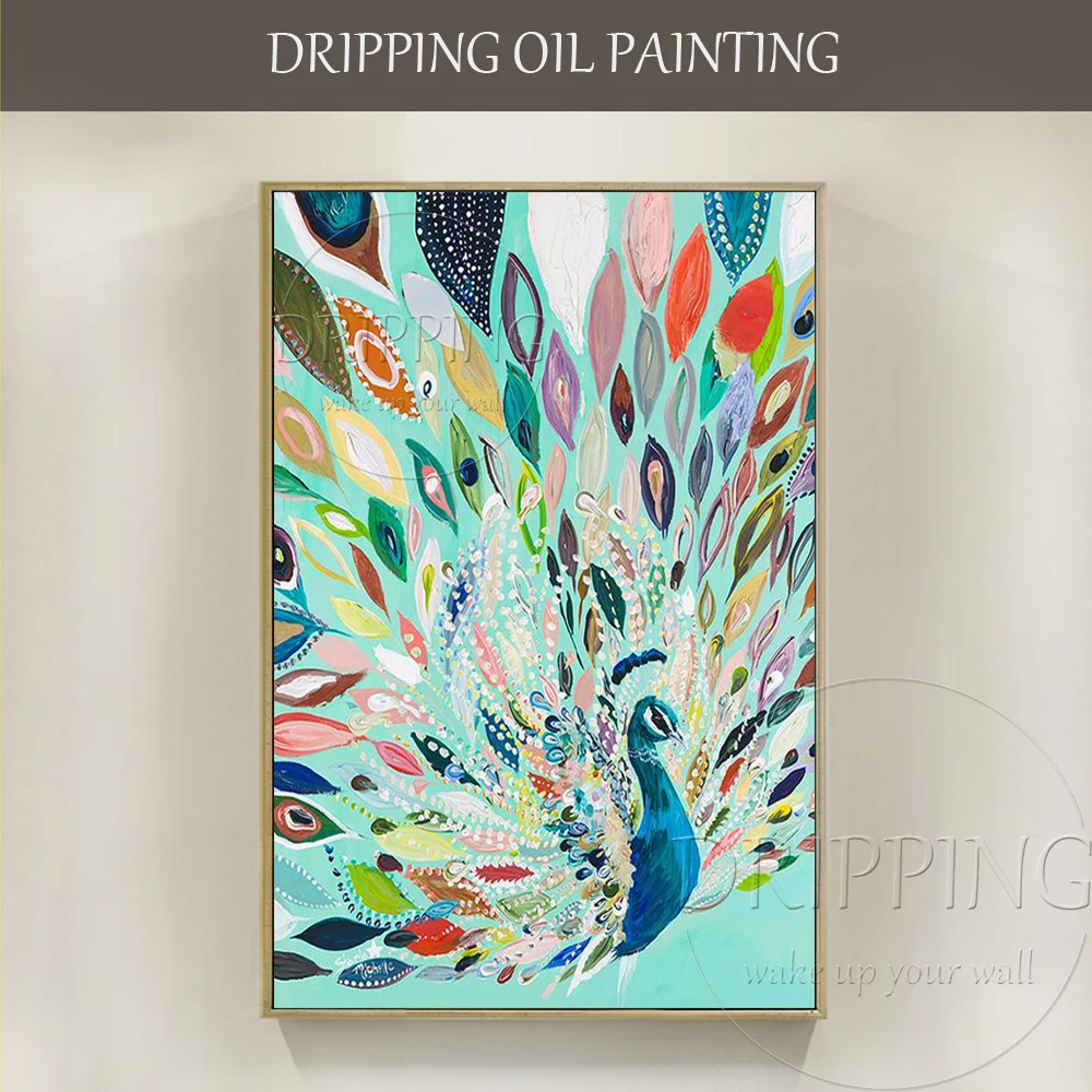 Expert Artist Hand-painted Beautiful Bird Peacock Oil Painting Colorful Male Peacock Shows Feathers Oil Painting for Wall Decor