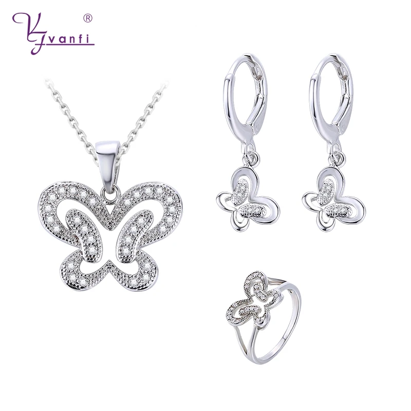 

Kfvanfi fashion cz stones brass butterfly jewellery sets for women silver color gold color earrings necklace ring jewelry sets