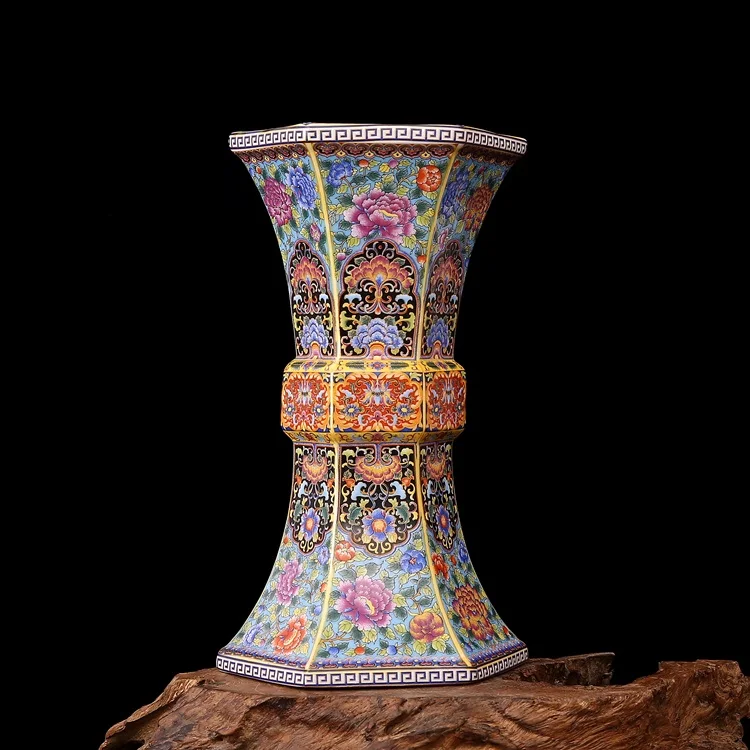 Qing Yong Zheng Antique Ceramic Vase Enamel Gilt Hexagon Vase With Flower Antique Porcelain Ancient Porcelain Collection