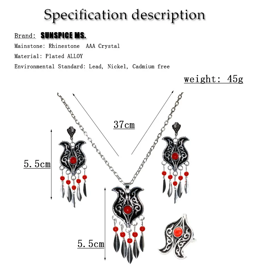 SUNSPICE MS 3Pcs Black Bridal Wedding Jewelry Sets Silver Color Bohemia Sequins Earring Necklace Ring Women Dubai Ethnic Bijoux