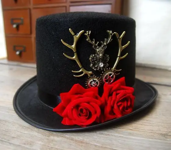 

Steampunk Gear & Deer Head Top Hat Retro Gothic Lolita Fedoras Hats with Rose Flower